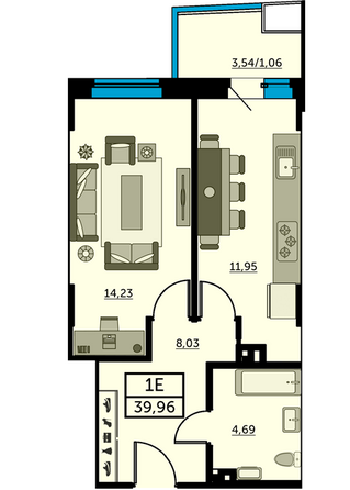 Планировка 1-комн 39,8 - 40,41 м²