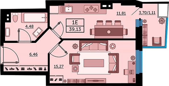 Планировка 1-комн 38,67 - 38,9 м²