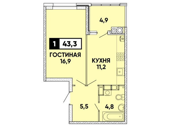 Планировка 1-комн 43,3 м²