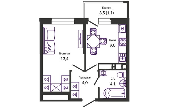 Планировка 1-комн 31,6, 32 м²