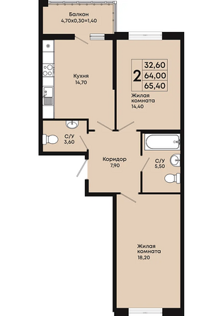 Планировка 2-комн 65,4 м²