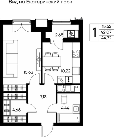 Планировка 1-комн 44,72 м²