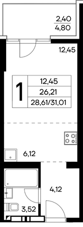 Планировка 1-комн 29,6 - 31,48 м²