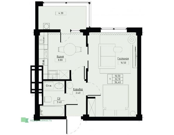 Планировка 1-комн 36,4 м²