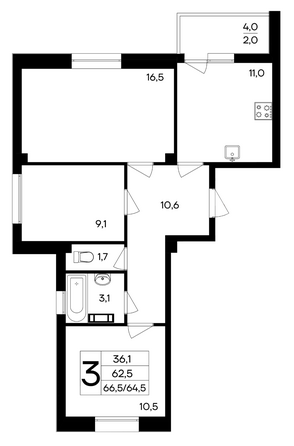 Планировка 3-комн 66,5 м²
