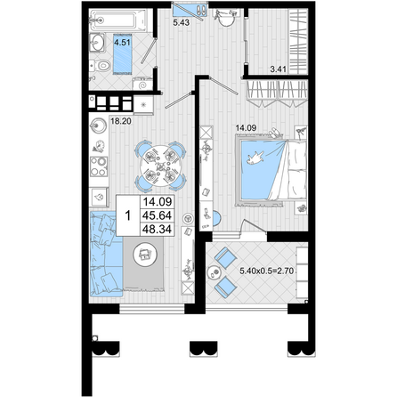 Планировка 1-комн 48,34 м²