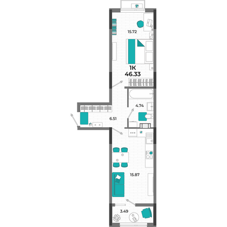 Планировка 1-комн 46,33 м²