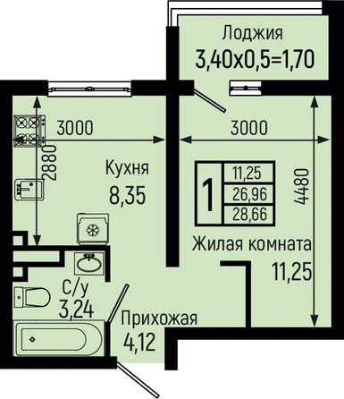 Планировка 1-комн 28,66 м²