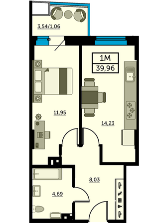 Планировка 1-комн 39,7, 39,8 м²