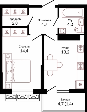 Планировка 1-комн 40,5 м²