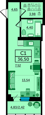 Планировка Студия 38,3 - 38,7 м²