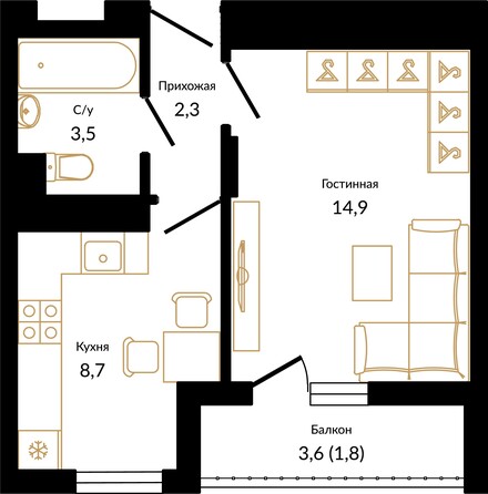 Планировка 1-комн 31,2 м²