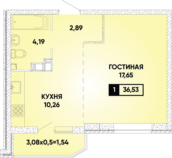 Планировка 1-комн 36,53 м²