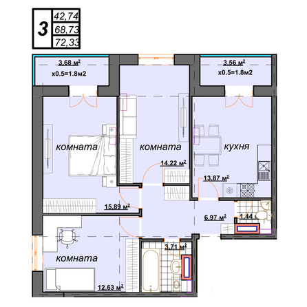 Планировка 3-комн 72,33 м²