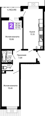 Планировка 2-комн 57,15 м²