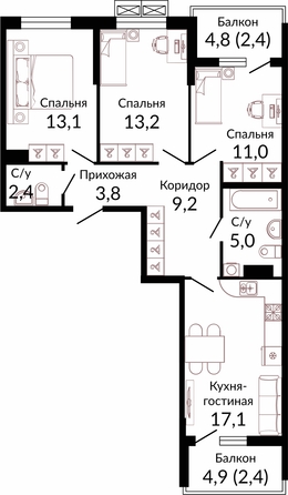 Планировка 3-комн 79,6 м²