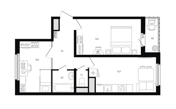 Планировка 2-комн 52,8, 53,2 м²