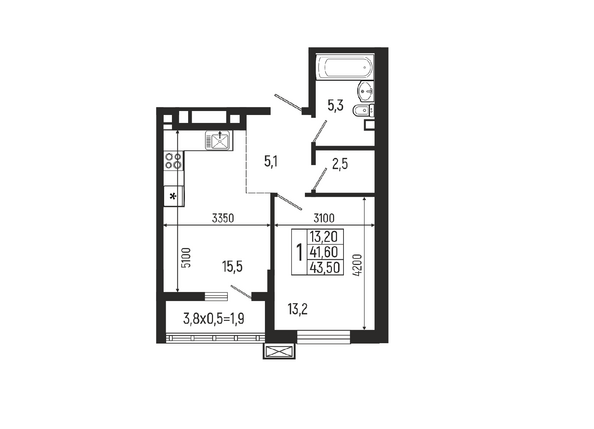 Планировка 1-комн 43,5 м²