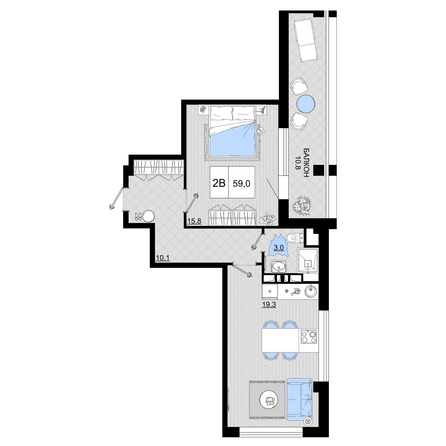 Планировка 2-комн 59 м²