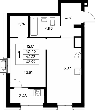 Планировка 1-комн 43,97 - 44,16 м²