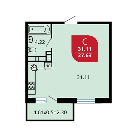 Планировка Студия 37,63 м²