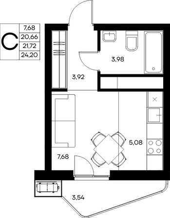Планировка Студия 24,2, 24,32 м²