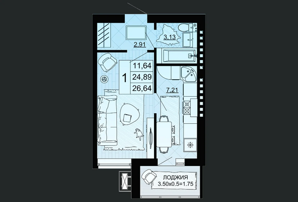 Планировка 1-комн 26,64 м²