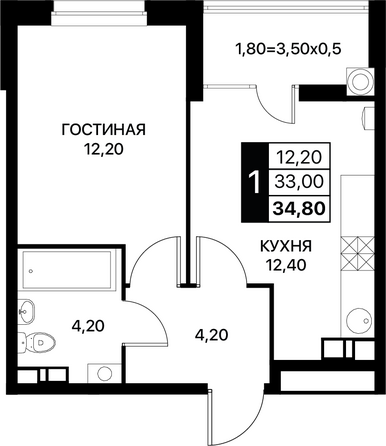 Планировка 1-комн 34,8 м²