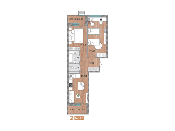 Планировка 2-комн 57,43 м²