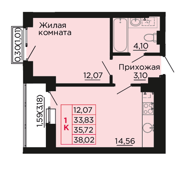 Планировка 1-комн 35,72 м²