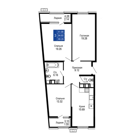 Планировка 3-комн 88,29 м²