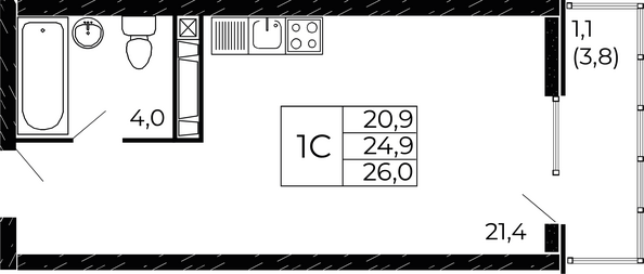 Планировка Студия 26 м²