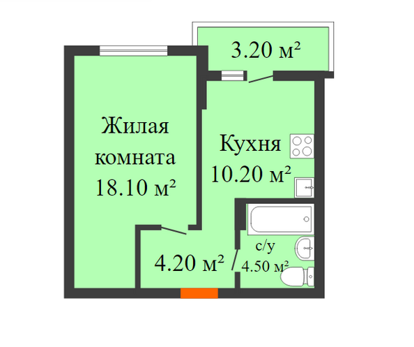 Планировка 1-комн 38,6 - 38,8 м²