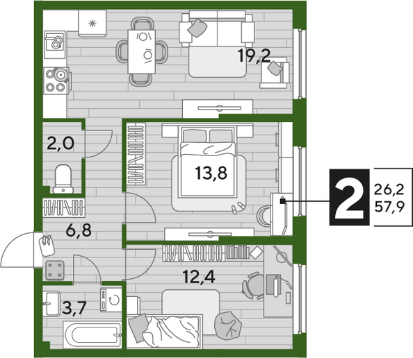 Планировка 2-комн 57,9 м²