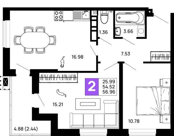 Планировка 2-комн 56,96 м²