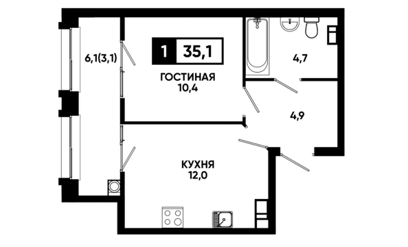 Планировка 1-комн 35,1 м²