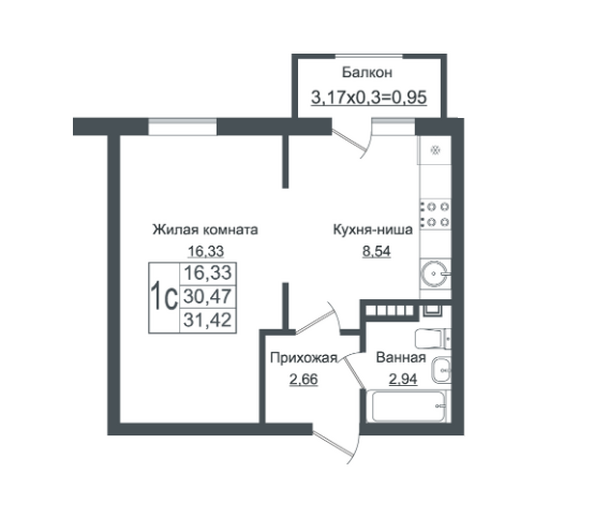 Планировка Студия 31,42 м²