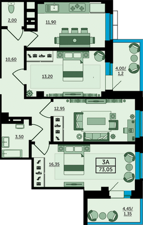 Планировка 3-комн 73,9, 74,5 м²