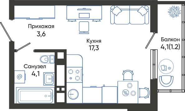 Планировка Доля в квартире 26,2 м²