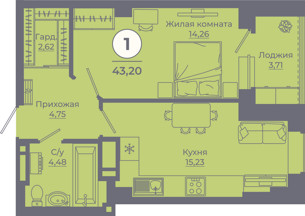 Планировка 1-комн 42,78 - 43,45 м²