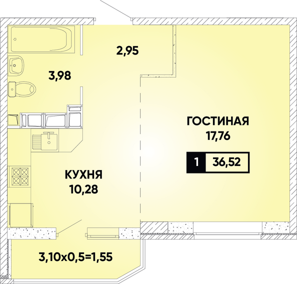 Планировка 1-комн 36,52 м²