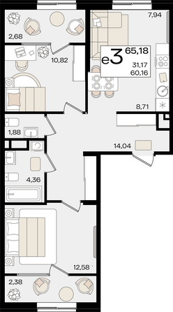 Планировка 3-комн 65,18 м²