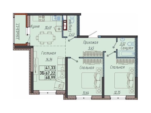 Планировка 3-комн 68,99 м²