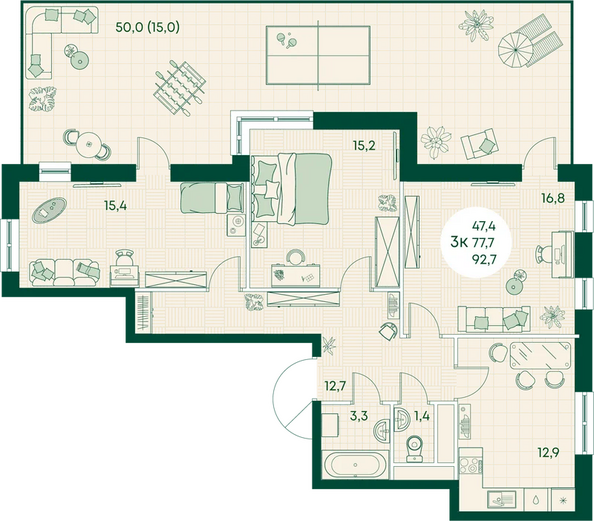 Планировка 3-комн 92,7 м²