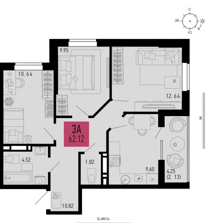 Планировка 3-комн 62,12 м²