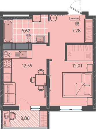 Планировка 1-комн 38,66 м²