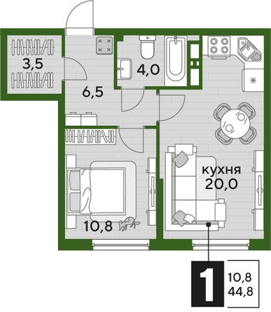 Планировка 1-комн 44,8 м²