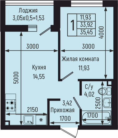 Планировка 1-комн 35,45 м²