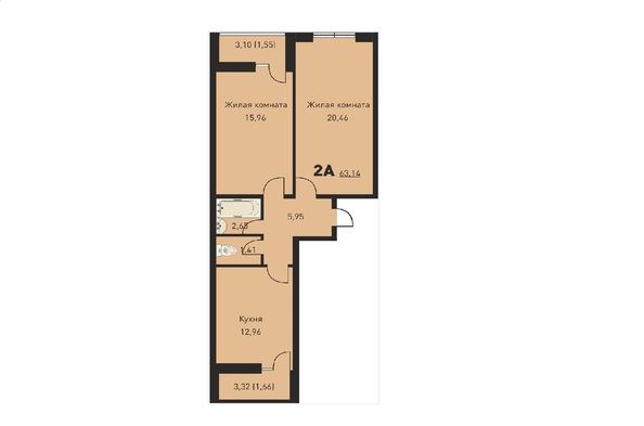 Планировка 2-комн 63,14 м²