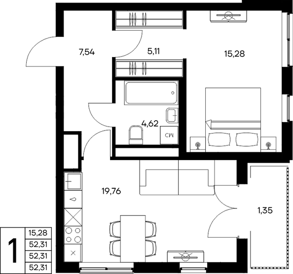 Планировка 1-комн 56,88 м²